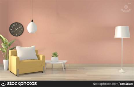 Pink living room with yellow arm chair and decoration plants on floor wooden.3D rendering