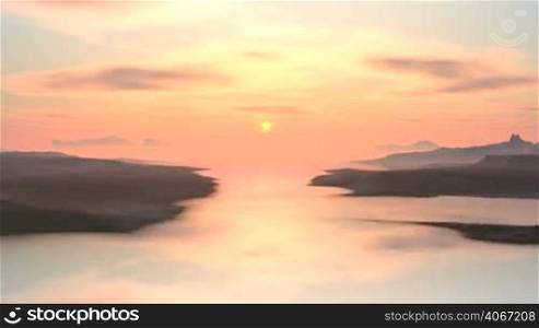 Pink mist covers the river, mountains and sky. Among the clouds is a bright yellow sun. The camera quickly flies over the river flowing into a large lake. The sky reflects in the water.