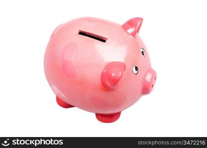Pink money box a over white background