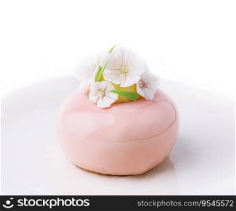 Pink mousse cake decorated with white flowers