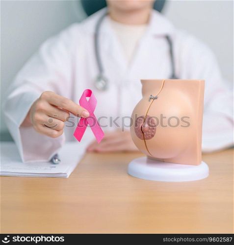 Pink October Breast Cancer Awareness month, doctor woman with pink Ribbon and Breast Anatomy model. National cancer survivors month, health diagnosis, Mother and World cancer day concept