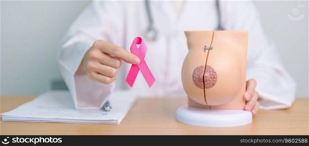 Pink October Breast Cancer Awareness month, doctor woman with pink Ribbon and Breast Anatomy model. National cancer survivors month, health diagnosis, Mother and World cancer day concept