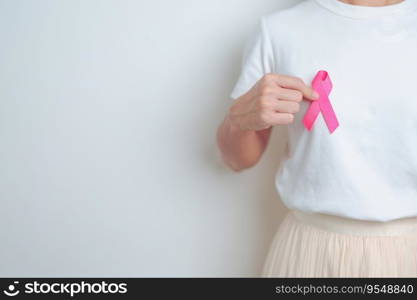 Pink October Breast Cancer Awareness month, woman with pink Ribbon in hospital for support people life and illness. National cancer survivors month, Mother and World cancer day concept