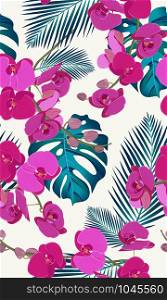 Pink orchid floral seamless pattern with tropical leaves on white background.