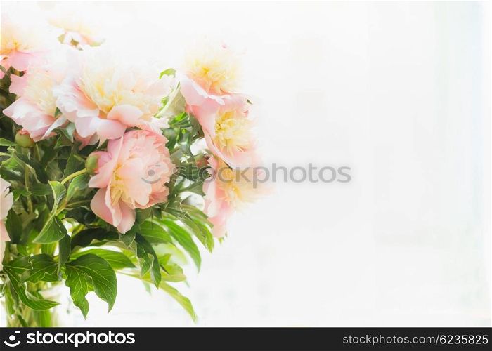 Pink pale peonies bunch in backlit on light background, close up
