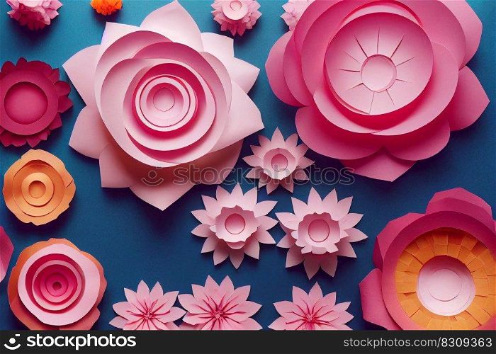 Pink paper cut flowers on blue background. Abstract floral patter, botanical papercraft. 3D illustration. Ai generated art. Pink paper cut flowers on blue background. Abstract floral pattern
