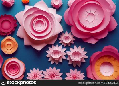 Pink paper cut flowers on blue background. Abstract floral patter, botanical papercraft. 3D illustration. Ai generated art. Pink paper cut flowers on blue background. Abstract floral pattern