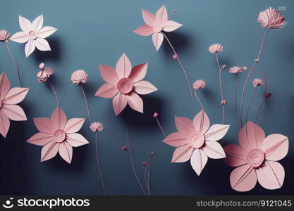 Pink paper cut flowers on blue background. Abstract floral patter, botanical papercraft. 3D illustration. Ai generated art. Pink paper cut flowers on blue background. Abstract floral pattern