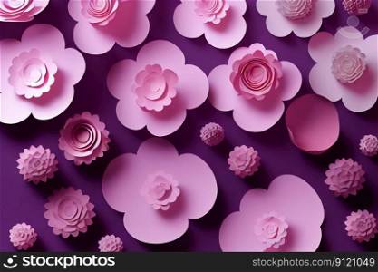 Pink paper cut flowers on purple background. Abstract floral patter, botanical papercraft. 3D illustration. Ai generated art. Pink paper cut flowers on purple background. Abstract floral pattern