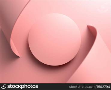 Pink pastel paper or plastic roll or stripe and round stage,podium or pedestal over pink background. 3D render. Use for product identity, branding and presenting cosmetics or fashion. Place your text on copy space.. Pink pastel paper or plastic roll or stripe and round stage,podium or pedestal over pink background. 3D illustration. Use for product identity, branding and presenting cosmetics or fashion. Place your text on copy space.