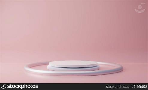Pink pastel product stand with gold ring on background. Abstract minimal geometry concept. Studio podium platform theme. Exhibition and business marketing presentation stage. 3D illustration rendering