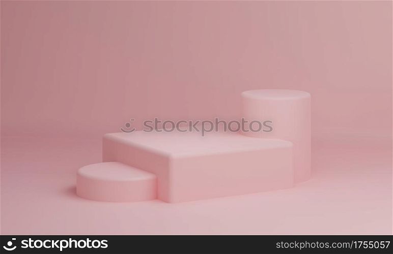 Pink pastel rectangle cube and cylinder product showcase table on background. Abstract minimal geometry concept. Studio podium platform. Exhibition presentation stage. 3D illustration render graphic