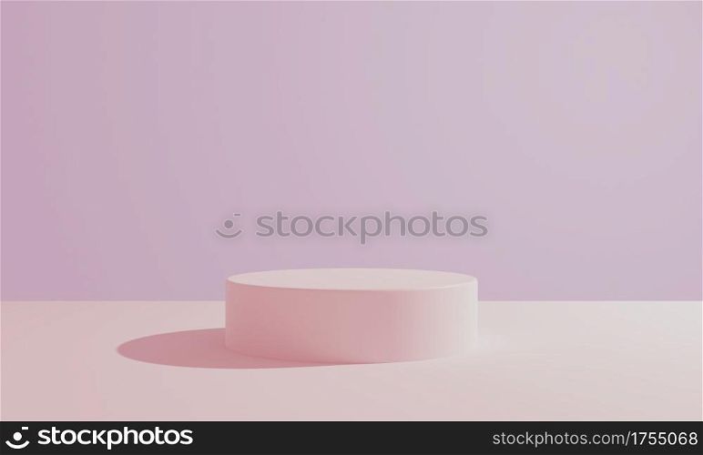 Pink pastel round cylinder product showcase table on background. Abstract minimal geometry concept. Studio podium platform. Exhibition presentation stage. 3D illustration render graphic design