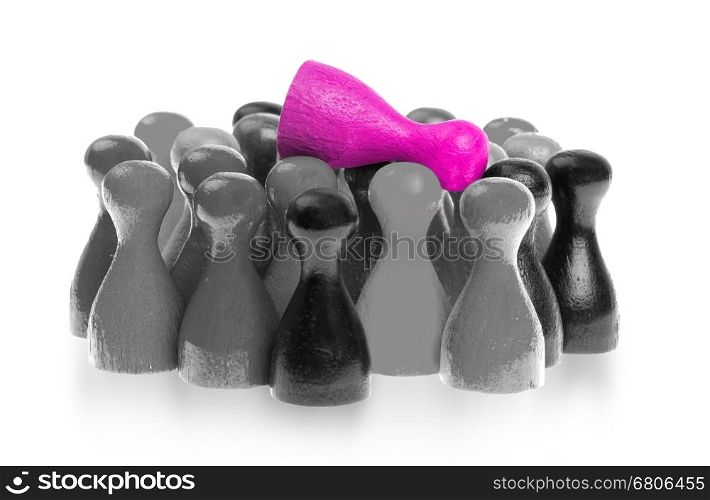 Pink pawn is crowdsurfing over a collection of different colors of pawns