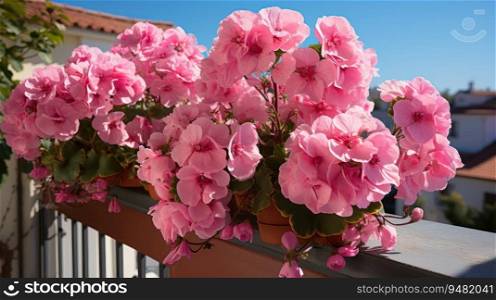 Pink pelargonium flowers growing on balcony.