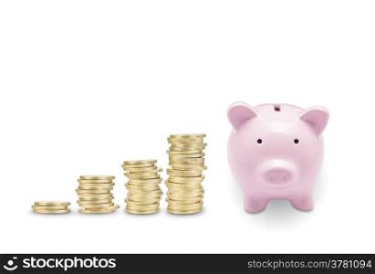 Pink piggy bank and coins. Isolated on white