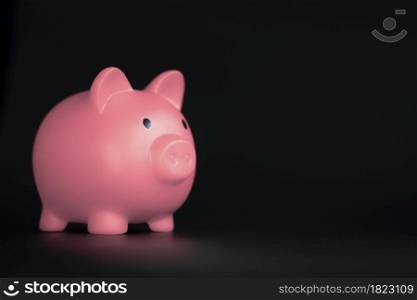 Pink Piggy bank horizontal on black background with copy space, business,savings and financial concept shadows. Pink Piggy bank horizontal on black background with copy space, business,savings and financial concept