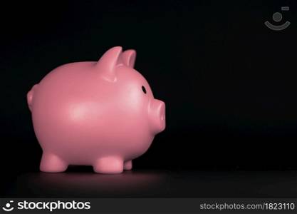 Pink Piggy bank horizontal on black background with copy space, business,savings and financial concept shadows. Pink Piggy bank horizontal on black background with copy space, business,savings and financial concept