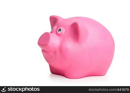 pink piggy bank isolated on white background side view