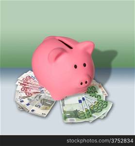 Pink Piggy Bank on a pile euro banknotes
