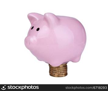 Pink piggy bank on the rouleau isolated on white background