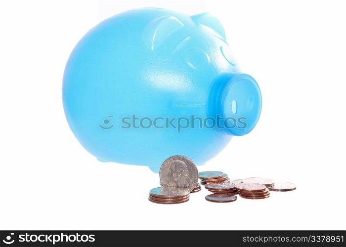 Pink piggy bank, with coins
