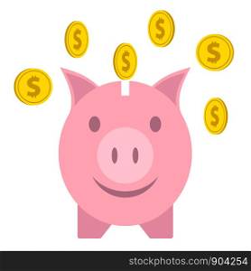 Pink piggy bank with falling golden coins