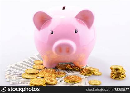 Pink Piggy bank with gold coins and dollar banknotes
