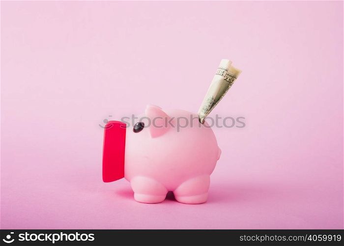 pink piggy bank with money