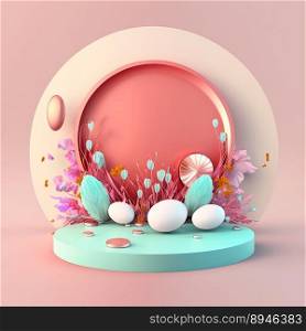 Pink Podium Decorated with Eggs and Flowers for Easter Holiday