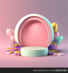 Pink Podium Decorated with Eggs and Flowers for Product Display Easter Day