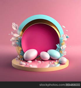 Pink Podium Decorated with Eggs and Flowers for Product Display Easter Day