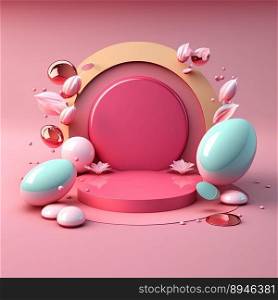 Pink Podium Decorated with Eggs and Flowers for Product Display Easter Holiday