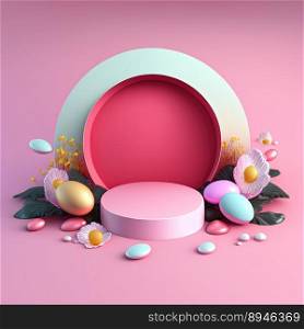 Pink Podium Decorated with Eggs and Flowers for Product Presentation Easter Holiday