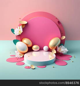 Pink Podium Decorated with Eggs and Flowers for Product Stand Easter Holiday