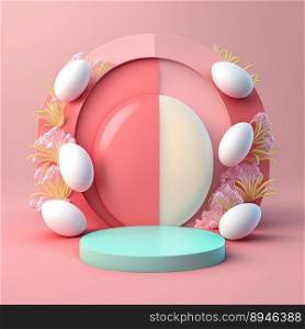 Pink Podium Decorated with Glossy Eggs and Flowers for Product Stand Easter Day