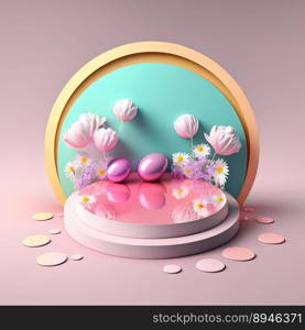 Pink Podium with Eggs and Flower Decoration for Product Display Easter Celebration