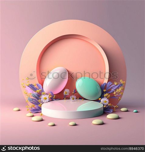 Pink Podium with Eggs and Flower Decoration for Product Presentation Easter Celebration
