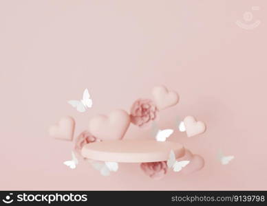 Pink podium with flying hearts, flowers and butterflies. Womens Day, Mothers Day, Wedding, Anniversary, Valentines Day. Platform for beauty, cosmetic products presentation. Mock up. 3D rendering. Pink podium with flying hearts, flowers and butterflies. Womens Day, Mothers Day, Wedding, Anniversary, Valentines Day. Platform for beauty, cosmetic products presentation. Mock up. 3D rendering.
