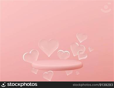 Pink podium with glass hearts flying in the air. Valentine’s Day, Wedding, Anniversary. Podium for product, cosmetic presentation. Mock up. Pedestal or platform for beauty products. 3D illustration. Pink podium with glass hearts flying in the air. Valentine’s Day, Wedding, Anniversary. Podium for product, cosmetic presentation. Mock up. Pedestal or platform for beauty products. 3D illustration.