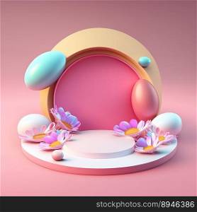 Pink Podium with Glossy Eggs and Flower Decoration for Product Presentation Easter Celebration