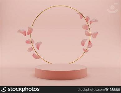 Pink podium with golden ring and flying flowers petals on the pink background. 3D rendering. Elegant podium for product, cosmetic presentation. Mock up. Pedestal or platform for beauty products. Pink podium with golden ring and flying flowers petals on the pink background. 3D rendering. Elegant podium for product, cosmetic presentation. Mock up. Pedestal or platform for beauty products.