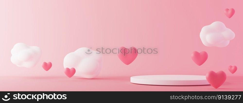 Pink podium with hearts and clouds flying in the air. Valentine’s Day, Mother’s Day, Wedding. Podium for product, cosmetic presentation. Mock up. Pedestal or platform for beauty products. 3D render. Pink podium with hearts and clouds flying in the air. Valentine’s Day, Mother’s Day, Wedding. Podium for product, cosmetic presentation. Mock up. Pedestal or platform for beauty products. 3D render.