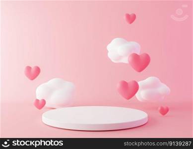 Pink podium with hearts and clouds flying in the air. Valentine’s Day, Mother’s Day, Wedding. Podium for product, cosmetic presentation. Mock up. Pedestal or platform for beauty products. 3D render. Pink podium with hearts and clouds flying in the air. Valentine’s Day, Mother’s Day, Wedding. Podium for product, cosmetic presentation. Mock up. Pedestal or platform for beauty products. 3D render.