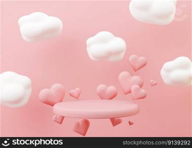 Pink podium with hearts and clouds flying in the air. Valentine’s Day, Wedding. Podium for product, cosmetic presentation. Mock up. Pedestal or platform for beauty products. 3D illustration. Pink podium with hearts and clouds flying in the air. Valentine’s Day, Wedding. Podium for product, cosmetic presentation. Mock up. Pedestal or platform for beauty products. 3D illustration.
