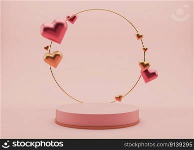 Pink podium with hearts and golden ring. Valentine’s Day, Wedding, Anniversary. Podium for product, cosmetic presentation. Mock up. Pedestal or platform for beauty products. 3D illustration. Pink podium with hearts and golden ring. Valentine’s Day, Wedding, Anniversary. Podium for product, cosmetic presentation. Mock up. Pedestal or platform for beauty products. 3D illustration.