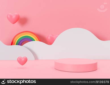 Pink podium with hearts and rainbow. Valentine&rsquo;s Day. Podium for product, cosmetic presentation. Mock up. Pedestal or platform for beauty products. LGBT, love, diversity. 3D render. Pink podium with hearts and rainbow. Valentine&rsquo;s Day. Podium for product, cosmetic presentation. Mock up. Pedestal or platform for beauty products. LGBT, love, diversity. 3D render.