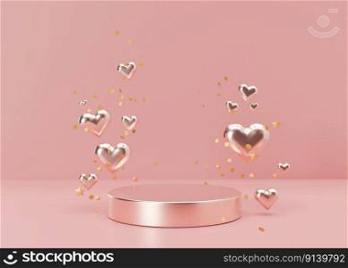 Pink podium with hearts and stars. Women&rsquo;s Day, Mother&rsquo;s Day, Wedding, Anniversary, Valentins Day. Platform for product, cosmetic presentation. Mock up. Pedestal for beauty products. 3D rendering. Pink podium with hearts and stars. Women&rsquo;s Day, Mother&rsquo;s Day, Wedding, Anniversary, Valentins Day. Platform for product, cosmetic presentation. Mock up. Pedestal for beauty products. 3D rendering.