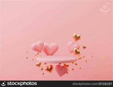 Pink podium with hearts flying in the air. Valentine’s Day, Wedding, Anniversary. Podium for product, cosmetic presentation. Mock up. Pedestal or platform for beauty products. 3D illustration. Pink podium with hearts flying in the air. Valentine’s Day, Wedding, Anniversary. Podium for product, cosmetic presentation. Mock up. Pedestal or platform for beauty products. 3D illustration.