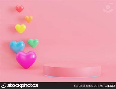 Pink podium with hearts. LGBT rainbow colors. Valentine’s Day. Podium for product, cosmetic presentation. Mock up. Pedestal or platform for beauty products. LGBTQ, love, diversity. 3D render. Pink podium with hearts. LGBT rainbow colors. Valentine’s Day. Podium for product, cosmetic presentation. Mock up. Pedestal or platform for beauty products. LGBTQ, love, diversity. 3D render.
